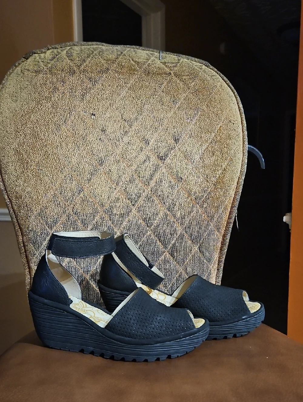 Fly London Yula Black Perforated Leather Peep Toe Wedge Sandals Shoes - Picture 1 of 6